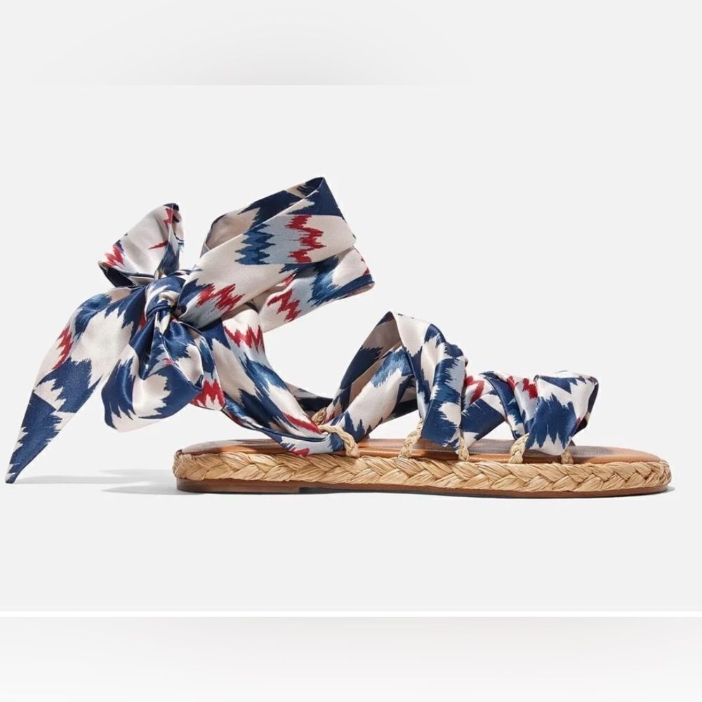 Robert Clergerie Isabela Raffia Natural Satin Printed
Scarf Tie Sandals( 39.5)